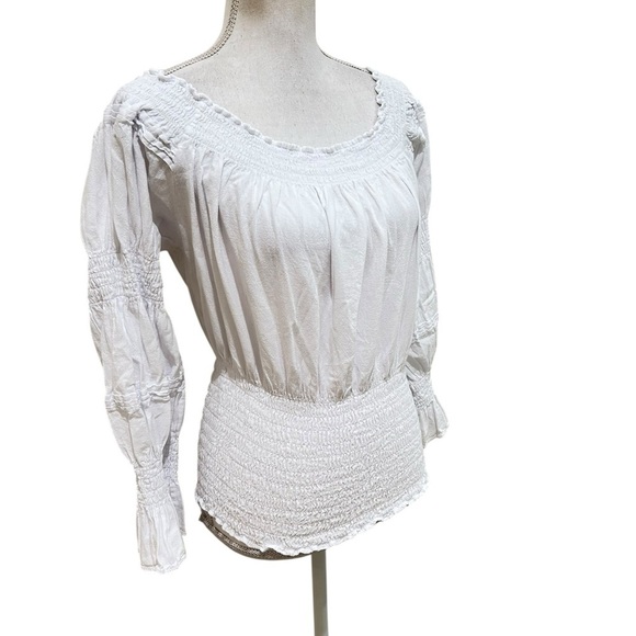 Helen Ainson White Smocked 100% cotton peasant Blouse boutique size small - Picture 2 of 11